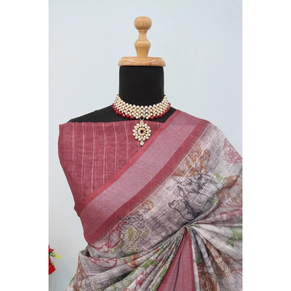 Women's Linen Digital Print Saree With Unstitched Blouse 5.5Mtr (Multicolor)