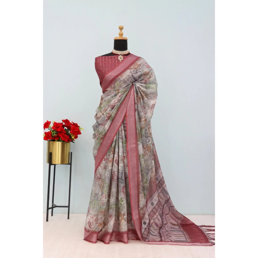 Women's Linen Digital Print Saree With Unstitched Blouse 5.5Mtr (Multicolor)
