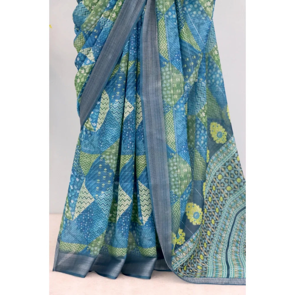 Women's Linen Digital Print Saree With Unstitched Blouse 5.5Mtr (Green)