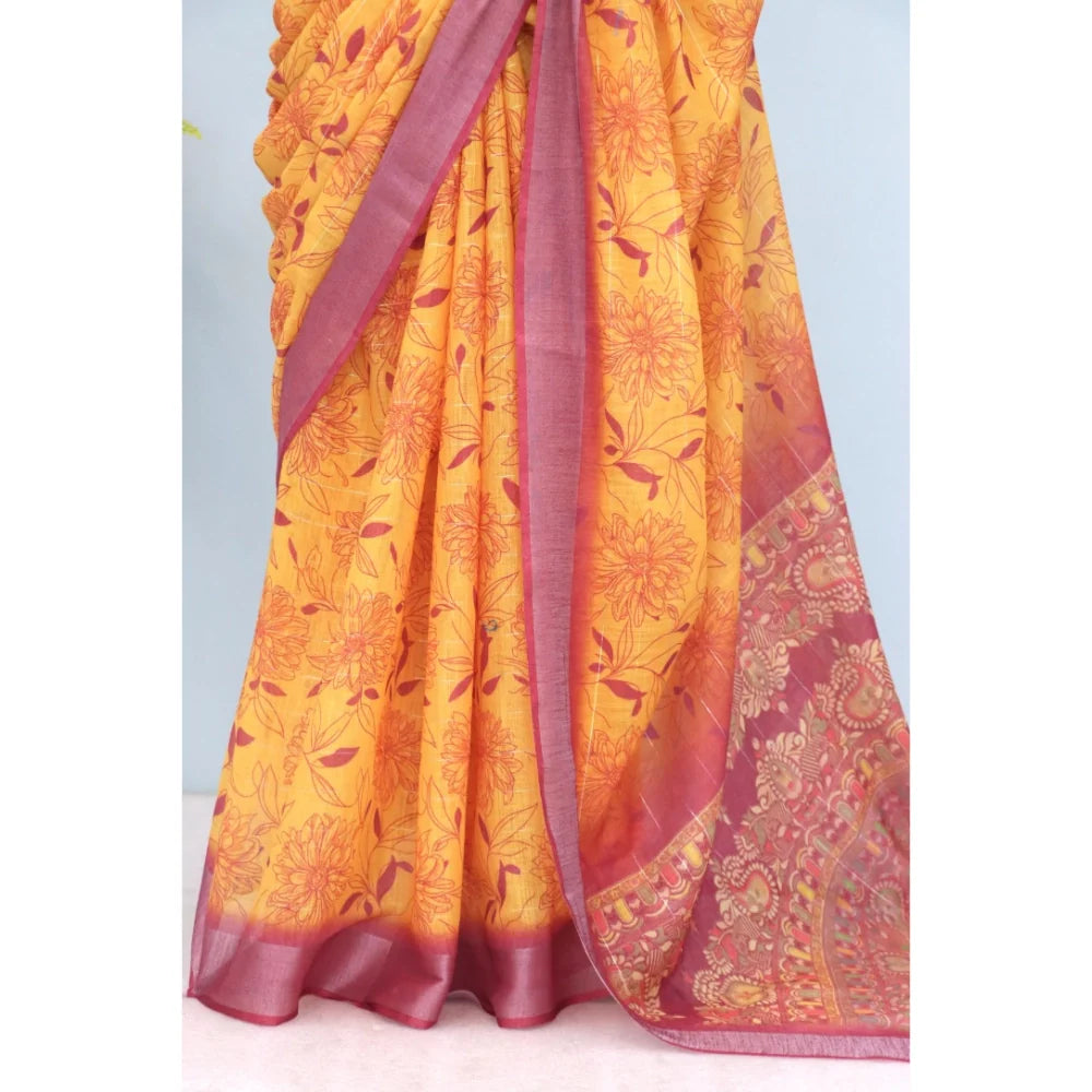 Women's Linen Digital Print Saree With Unstitched Blouse 5.5Mtr (Mustard)