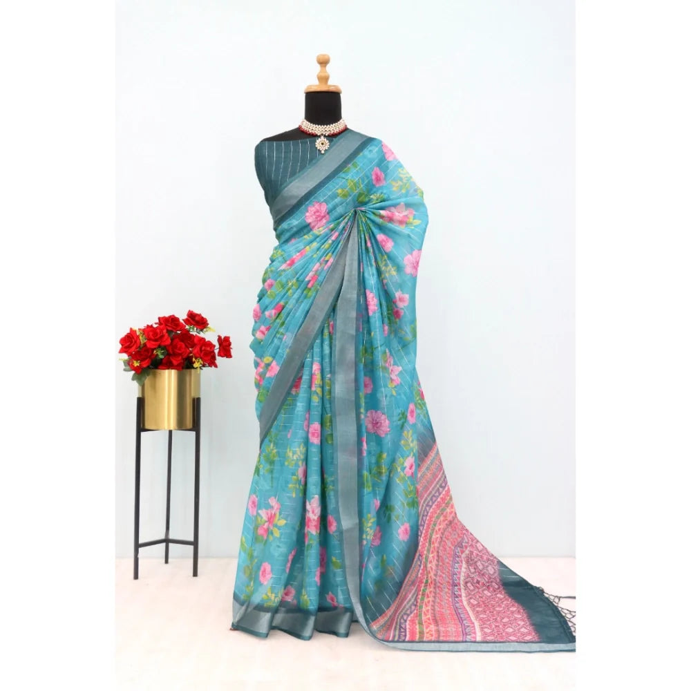 Women's Linen Digital Print Saree With Unstitched Blouse 5.5Mtr (Green)