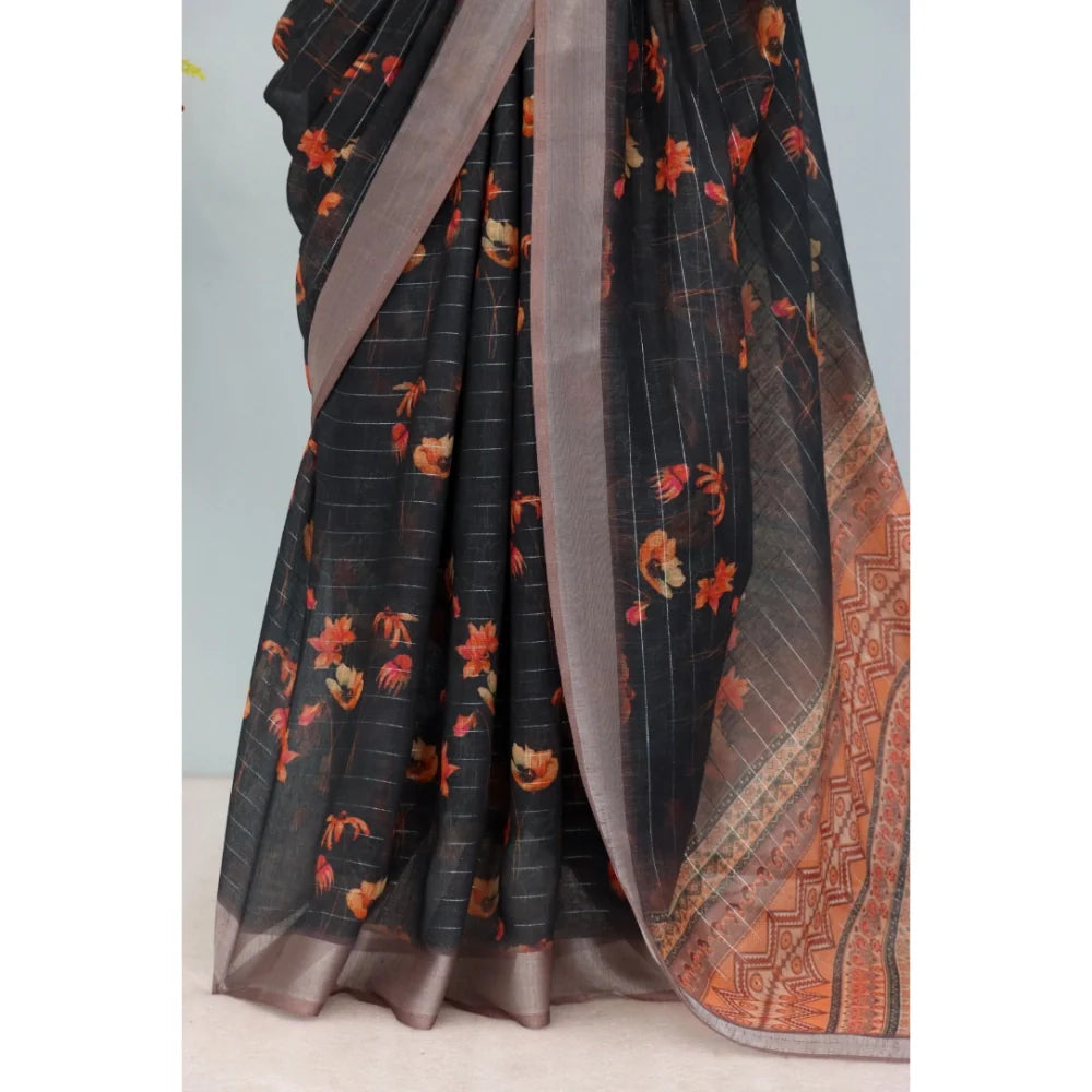 Women's Linen Digital Print Saree With Unstitched Blouse 5.5Mtr (Black)