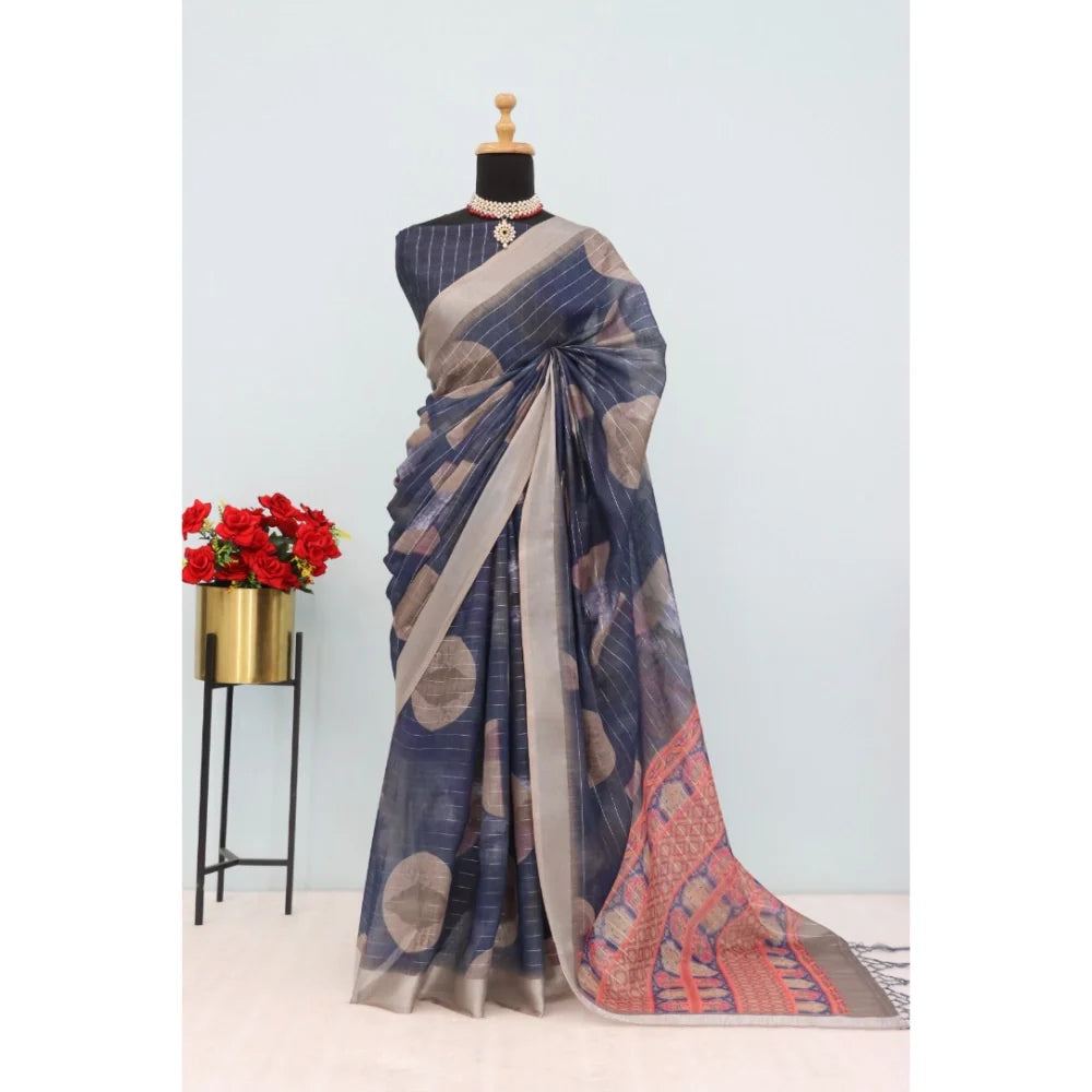 Women's Linen Digital Print Saree With Unstitched Blouse 5.5Mtr (Blue)