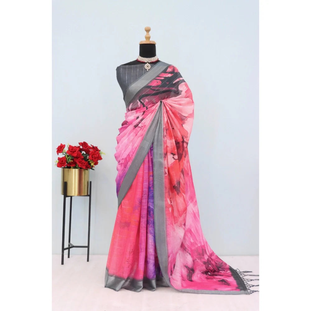 Women's Linen Digital Print Saree With Unstitched Blouse 5.5Mtr (Pink)