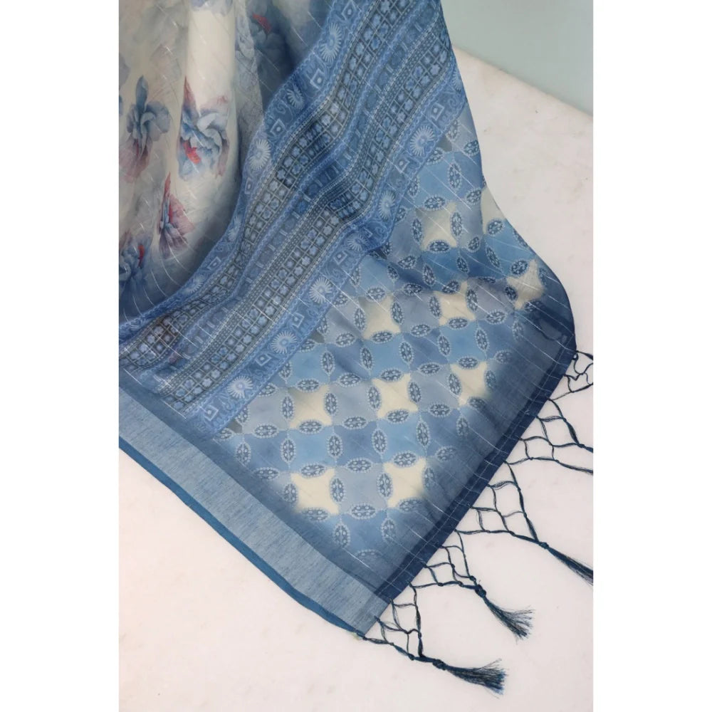 Women's Linen Digital Print Saree With Unstitched Blouse 5.5Mtr (Blue)