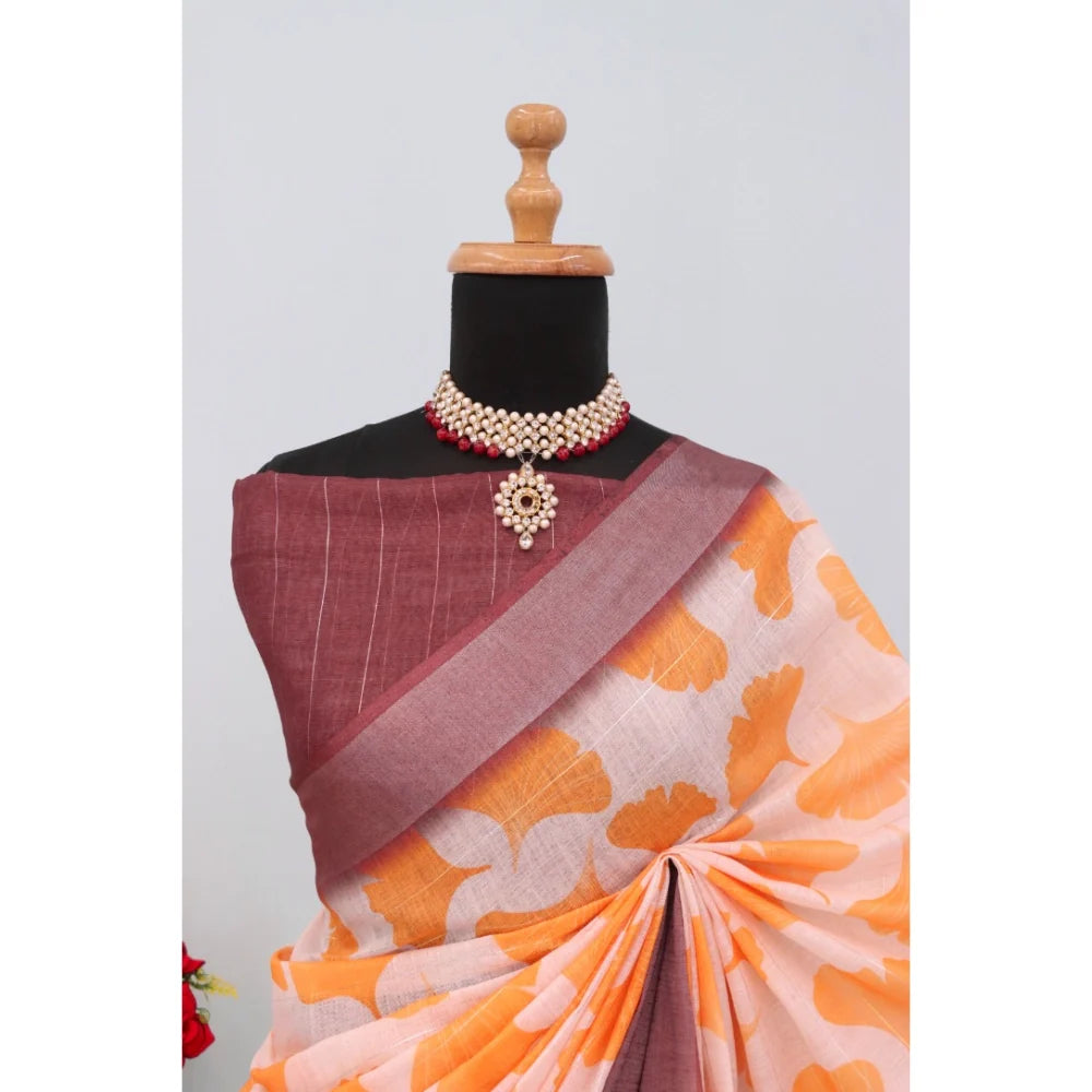 Women's Linen Digital Print Saree With Unstitched Blouse 5.5Mtr (Orange)