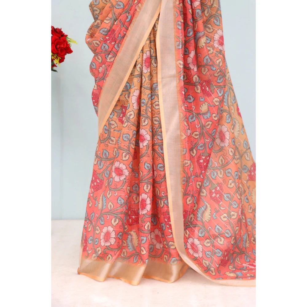 Women's Linen Digital Print Saree With Unstitched Blouse 5.5Mtr (Orange)