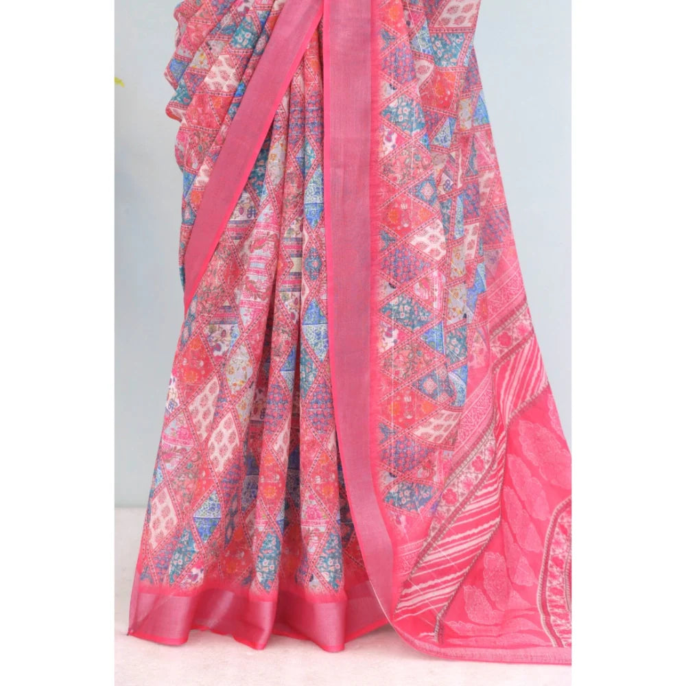 Women's Linen Digital Print Saree With Unstitched Blouse 5.5Mtr (Pink)