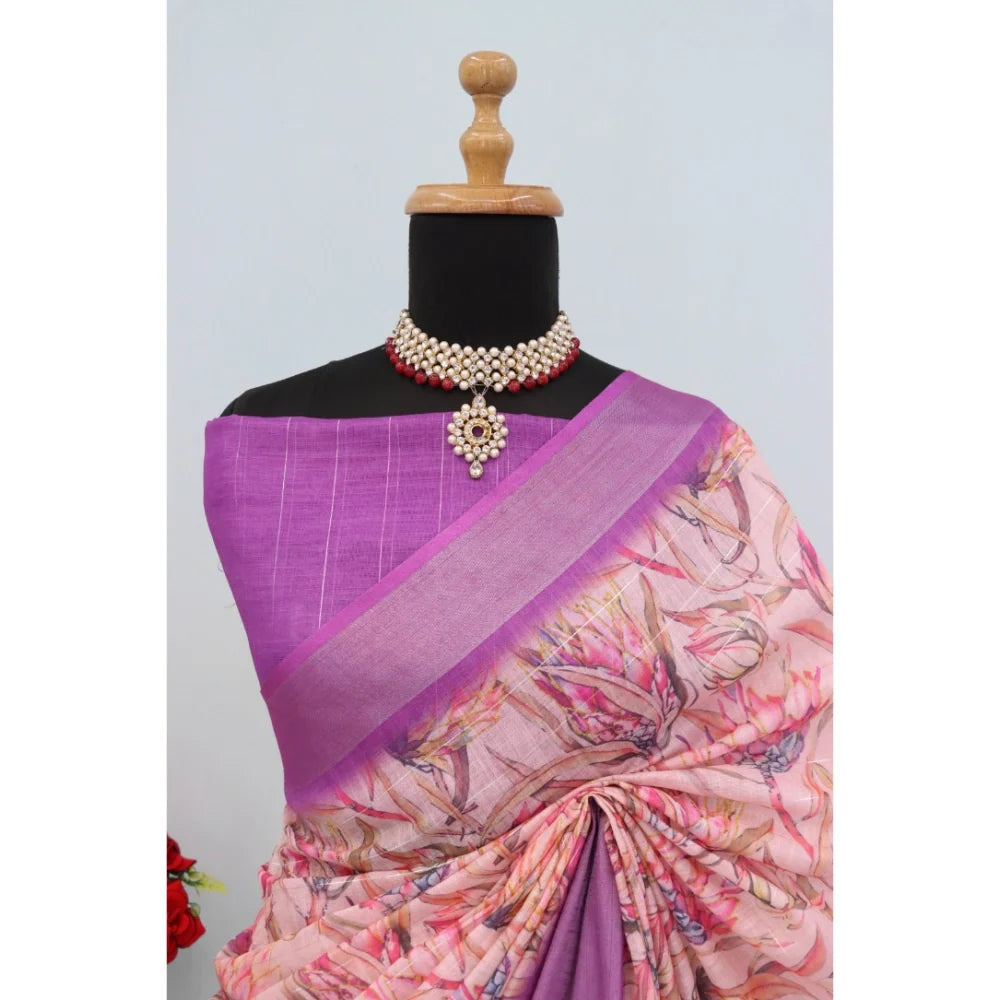 Women's Linen Digital Print Saree With Unstitched Blouse 5.5Mtr (Purple)