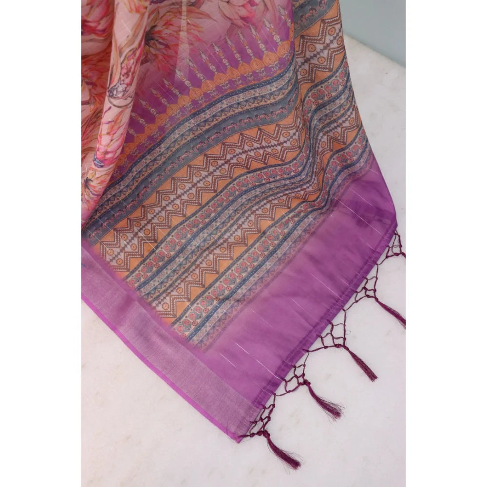Women's Linen Digital Print Saree With Unstitched Blouse 5.5Mtr (Purple)