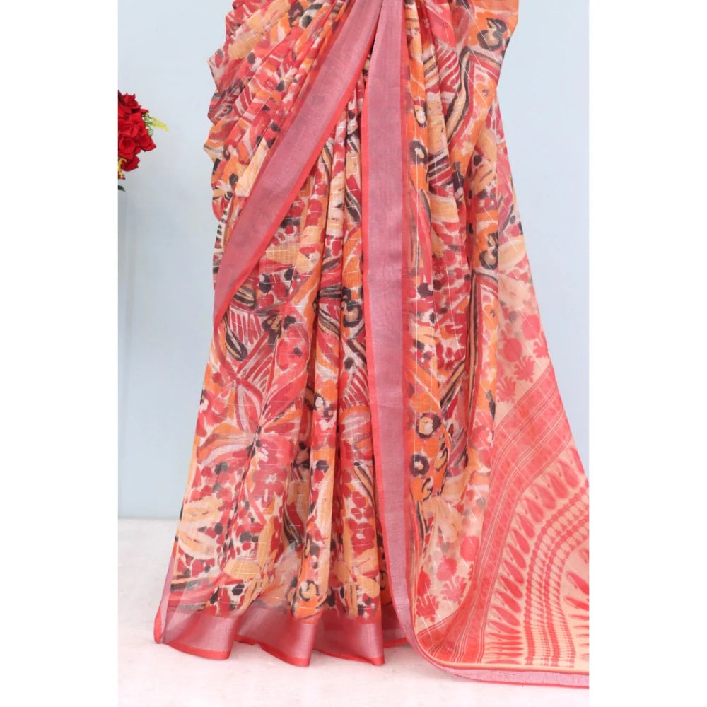 Women's Linen Digital Print Saree With Unstitched Blouse 5.5Mtr (Pink)