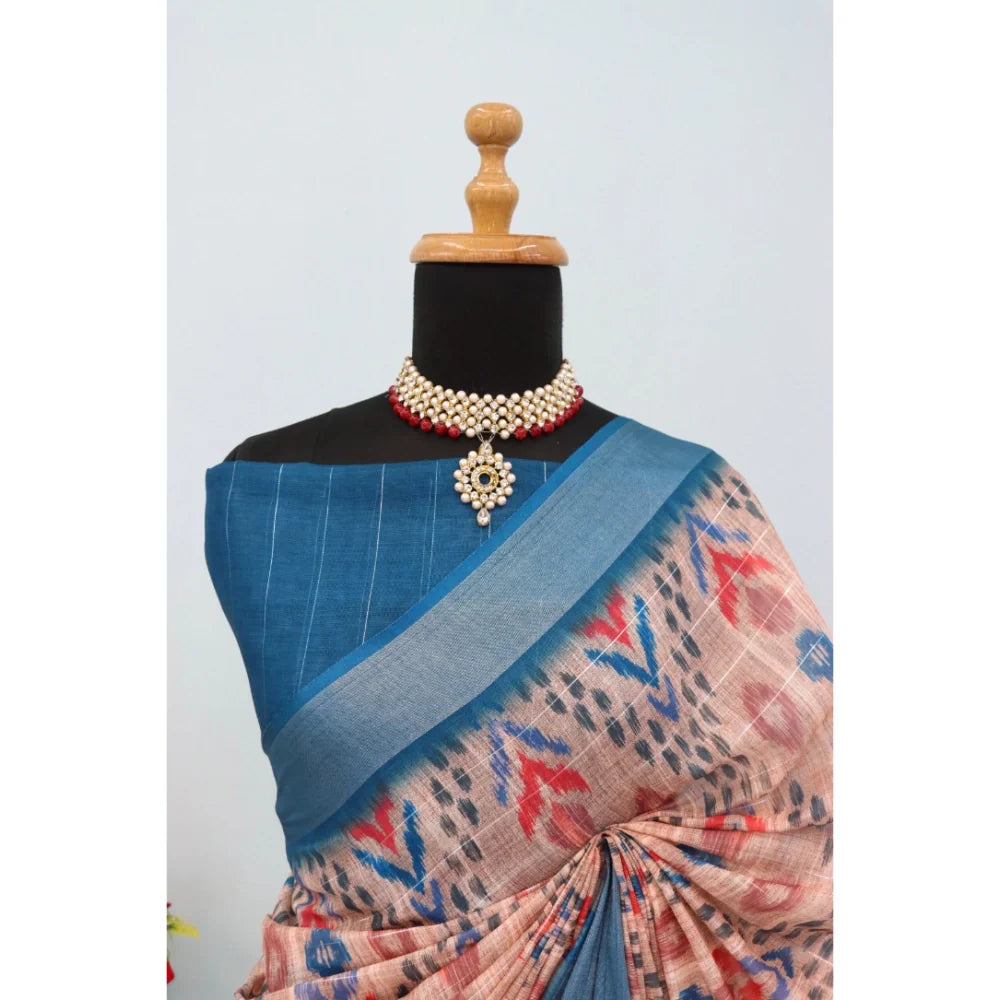 Women's Linen Digital Print Saree With Unstitched Blouse 5.5Mtr (Multicolor)