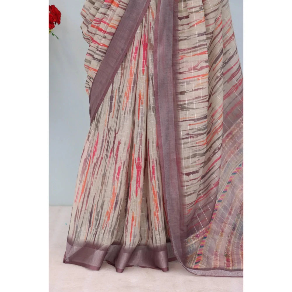 Women's Linen Digital Print Saree With Unstitched Blouse 5.5Mtr (Grey)