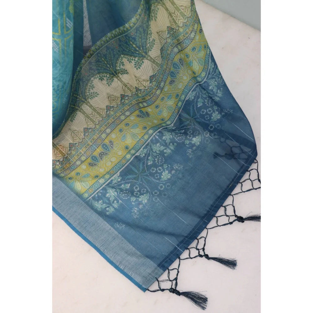Women's Linen Digital Print Saree With Unstitched Blouse 5.5Mtr (Sky Blue)