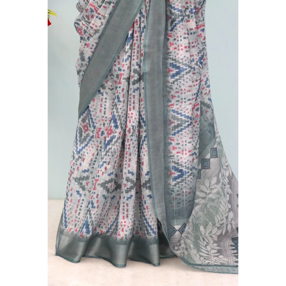 Women's Linen Digital Print Saree With Unstitched Blouse 5.5Mtr (Grey)