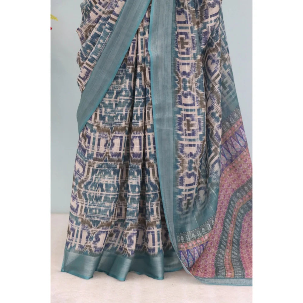 Women's Linen Digital Print Saree With Unstitched Blouse 5.5Mtr (Green)