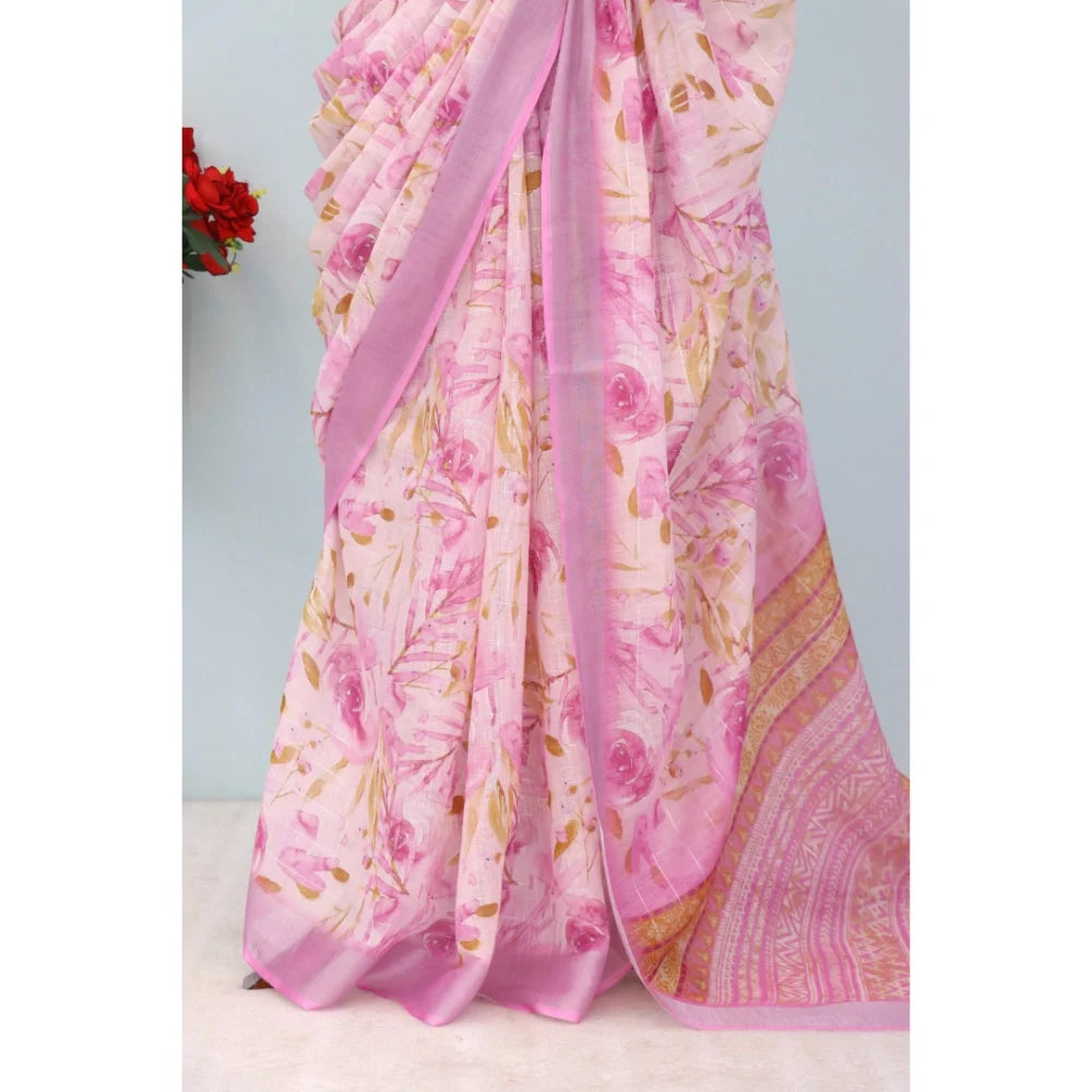 Women's Linen Digital Print Saree With Unstitched Blouse 5.5Mtr (Pink)