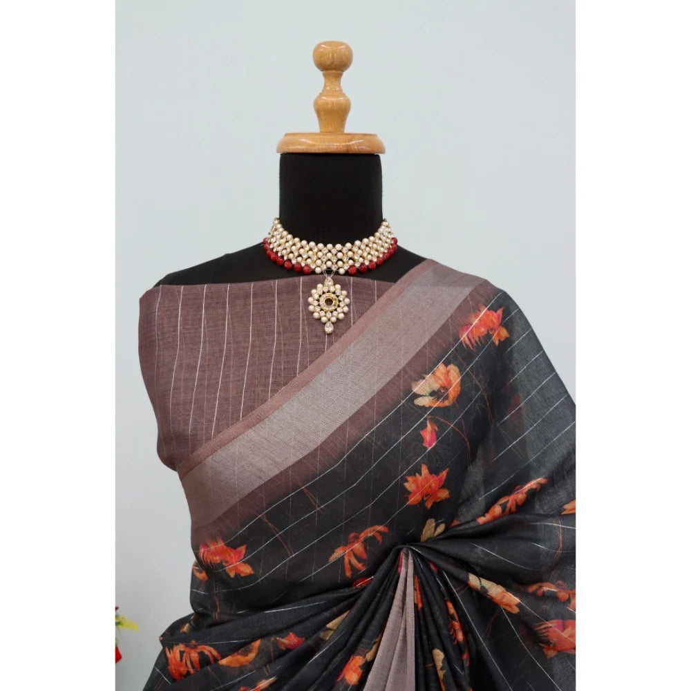 Women's Linen Digital Print Saree With Unstitched Blouse 5.5Mtr (Black)