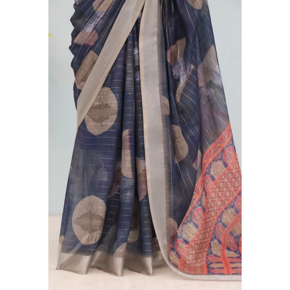 Women's Linen Digital Print Saree With Unstitched Blouse 5.5Mtr (Blue)
