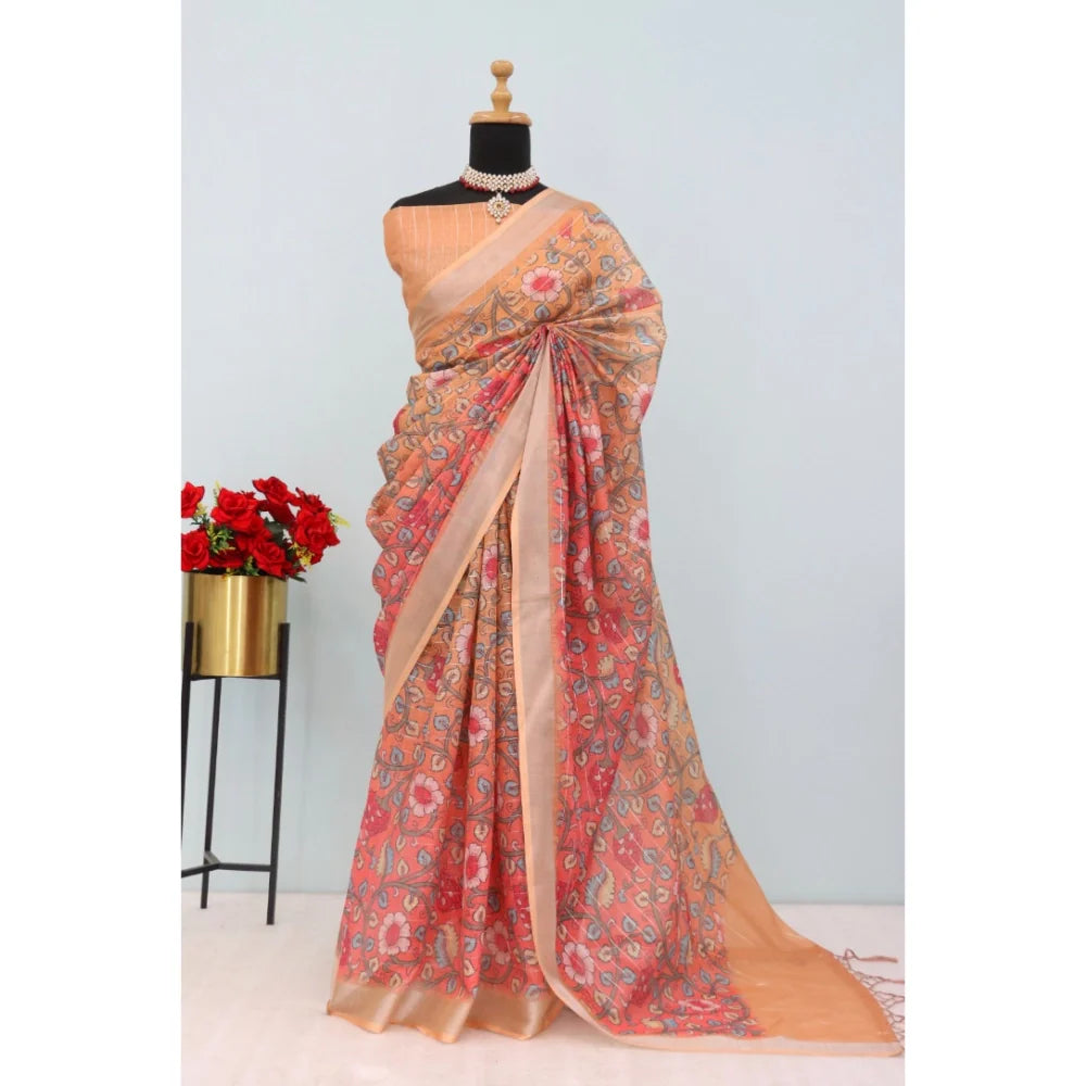 Women's Linen Digital Print Saree With Unstitched Blouse 5.5Mtr (Orange)