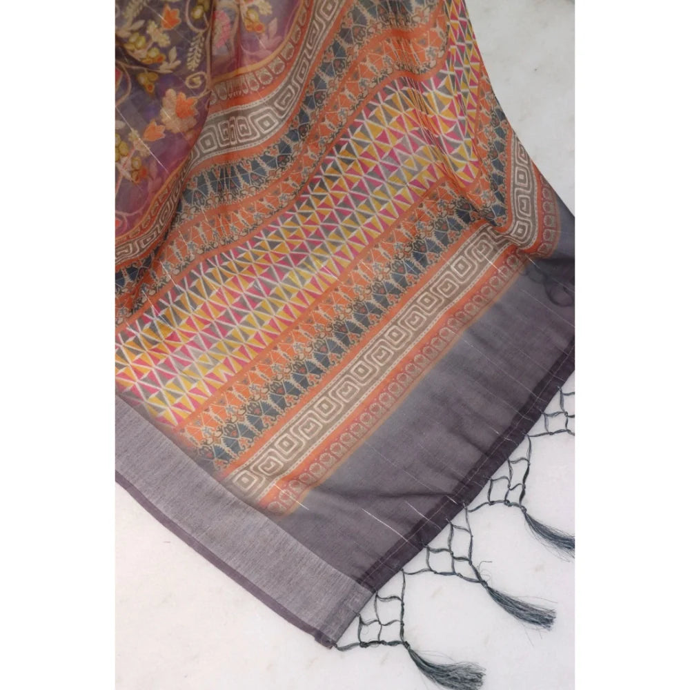 Women's Linen Digital Print Saree With Unstitched Blouse 5.5Mtr (Grey)