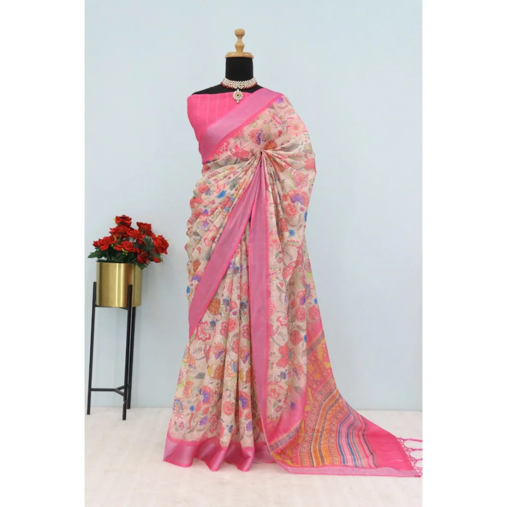 Women's Linen Digital Print Saree With Unstitched Blouse 5.5Mtr (Pink)