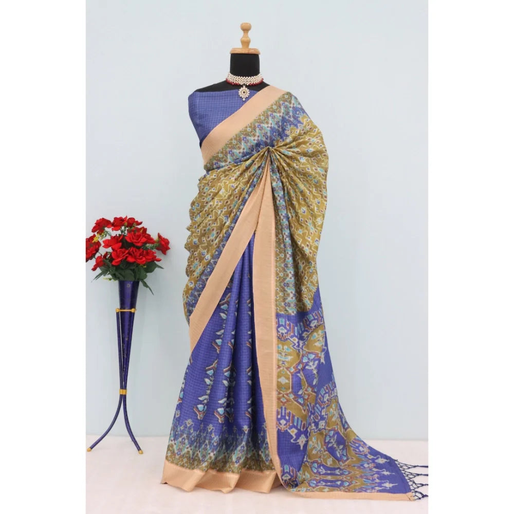 Women's Mysore Silk  Digital Print Saree With Unstitched Blouse 5.5Mtr (Blue)