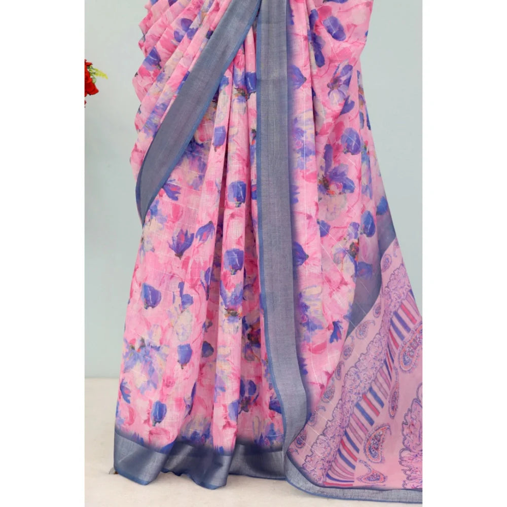 Women's Linen Digital Print Saree With Unstitched Blouse 5.5Mtr (Multicolor)