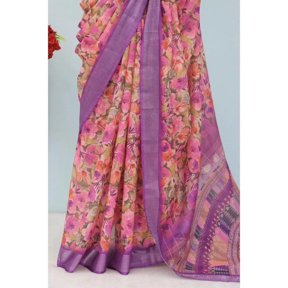 Women's Linen Digital Print Saree With Unstitched Blouse 5.5Mtr (Purple)