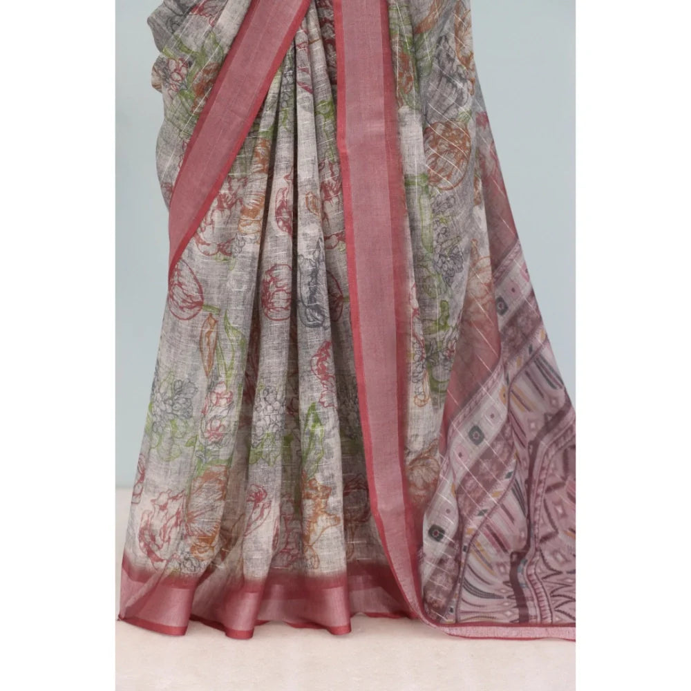 Women's Linen Digital Print Saree With Unstitched Blouse 5.5Mtr (Multicolor)