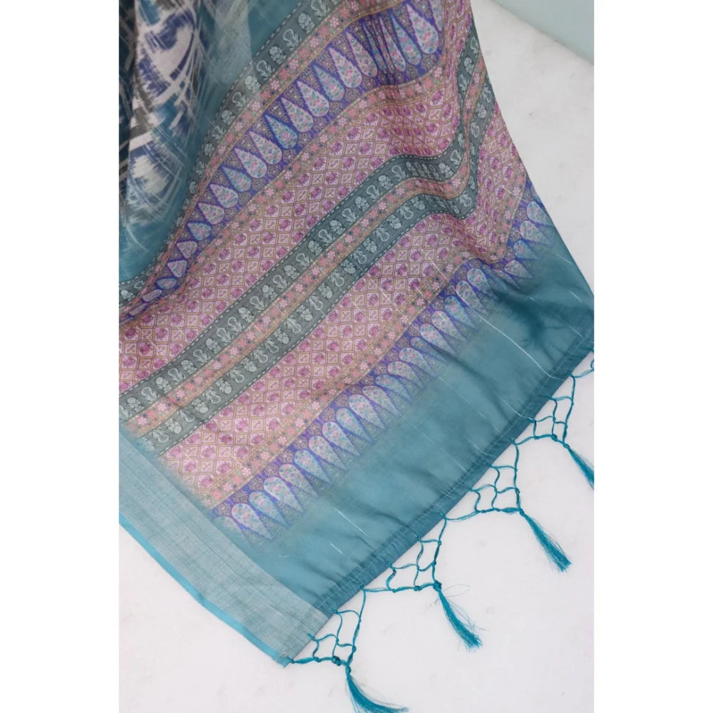 Women's Linen Digital Print Saree With Unstitched Blouse 5.5Mtr (Green)