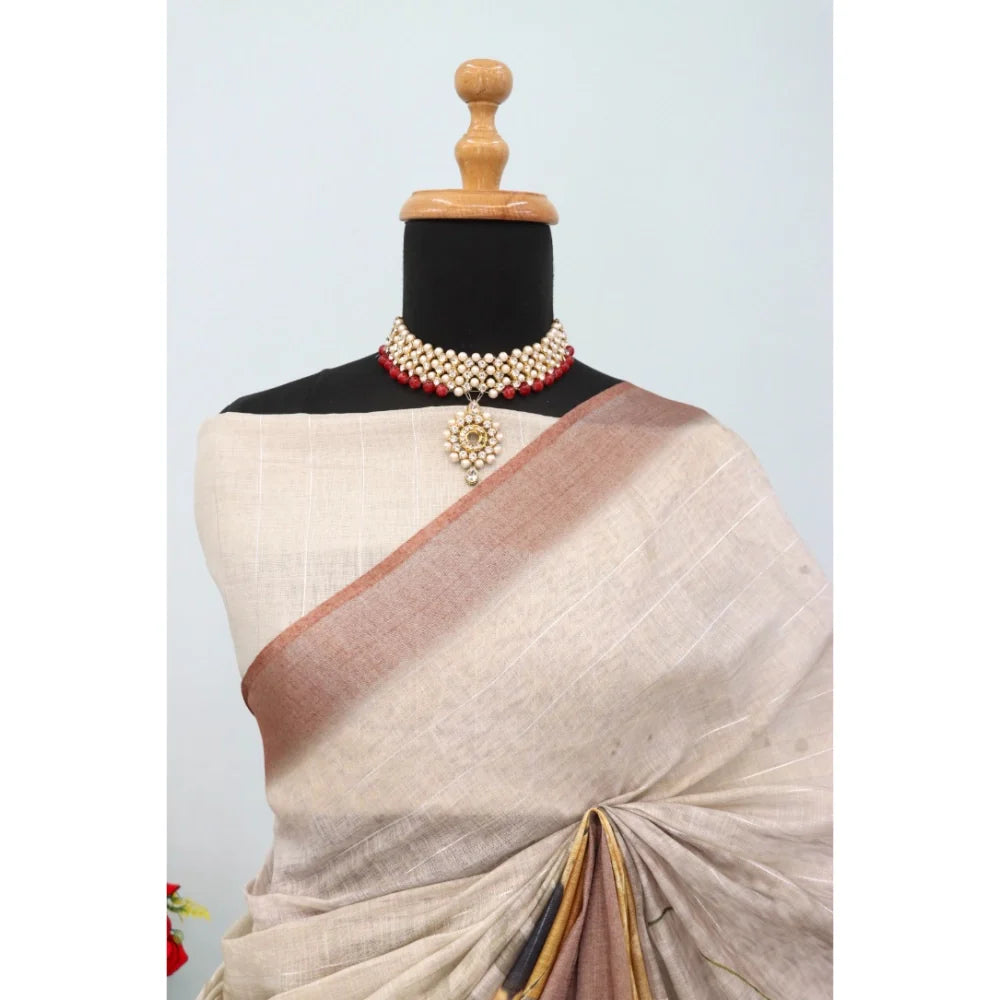 Women's Linen Digital Print Saree With Unstitched Blouse 5.5Mtr (Multicolor)