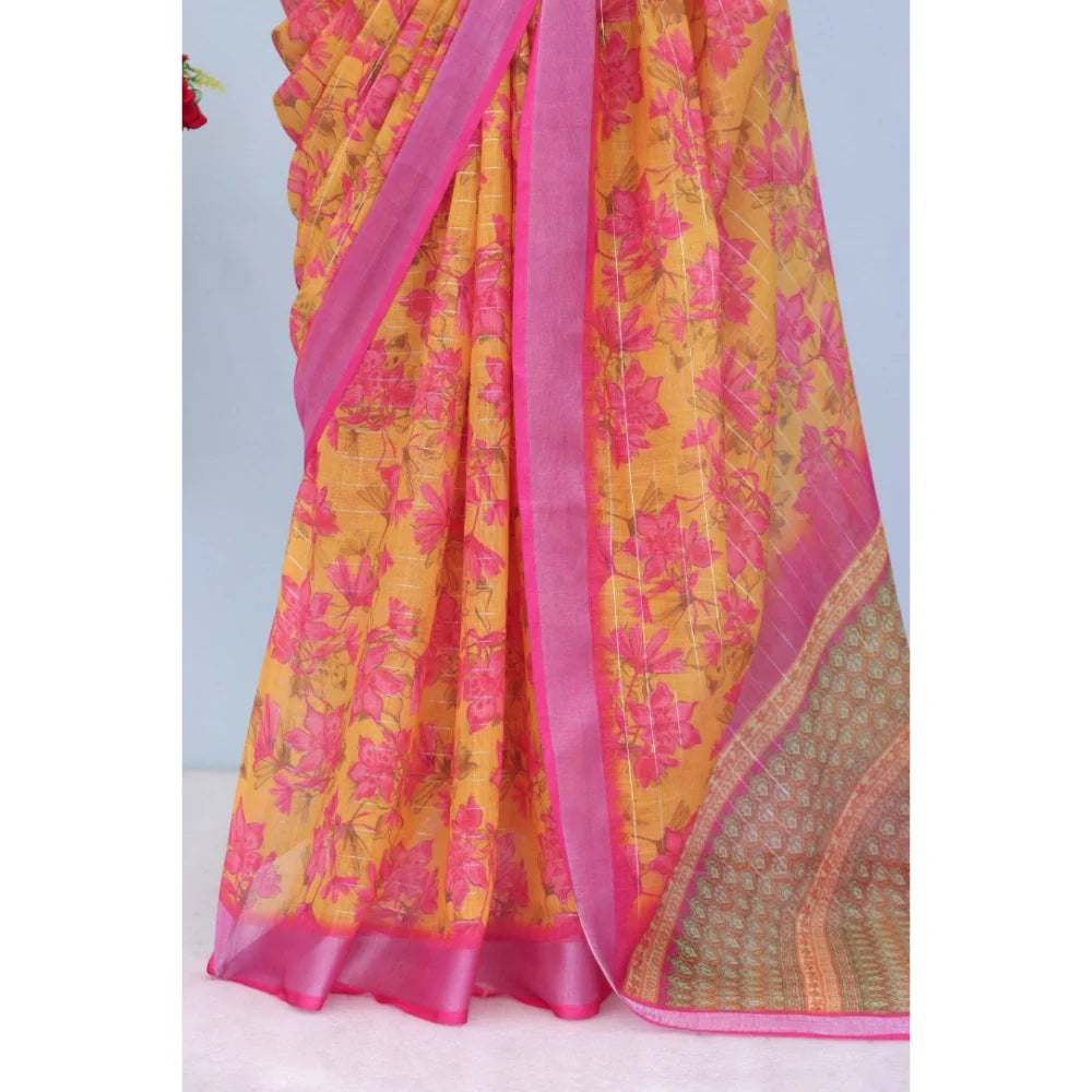 Women's Linen Digital Print Saree With Unstitched Blouse 5.5Mtr (Yellow)