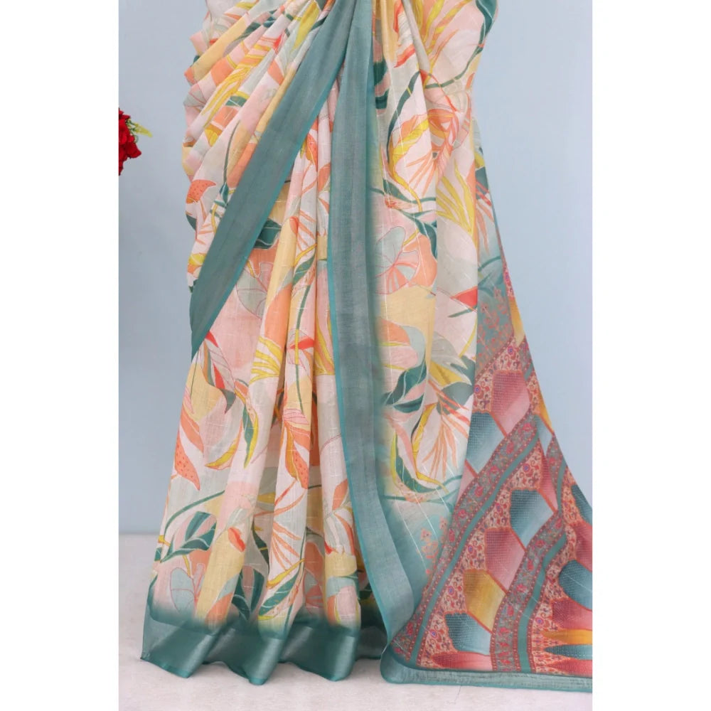Women's Linen Digital Print Saree With Unstitched Blouse 5.5Mtr (Green)