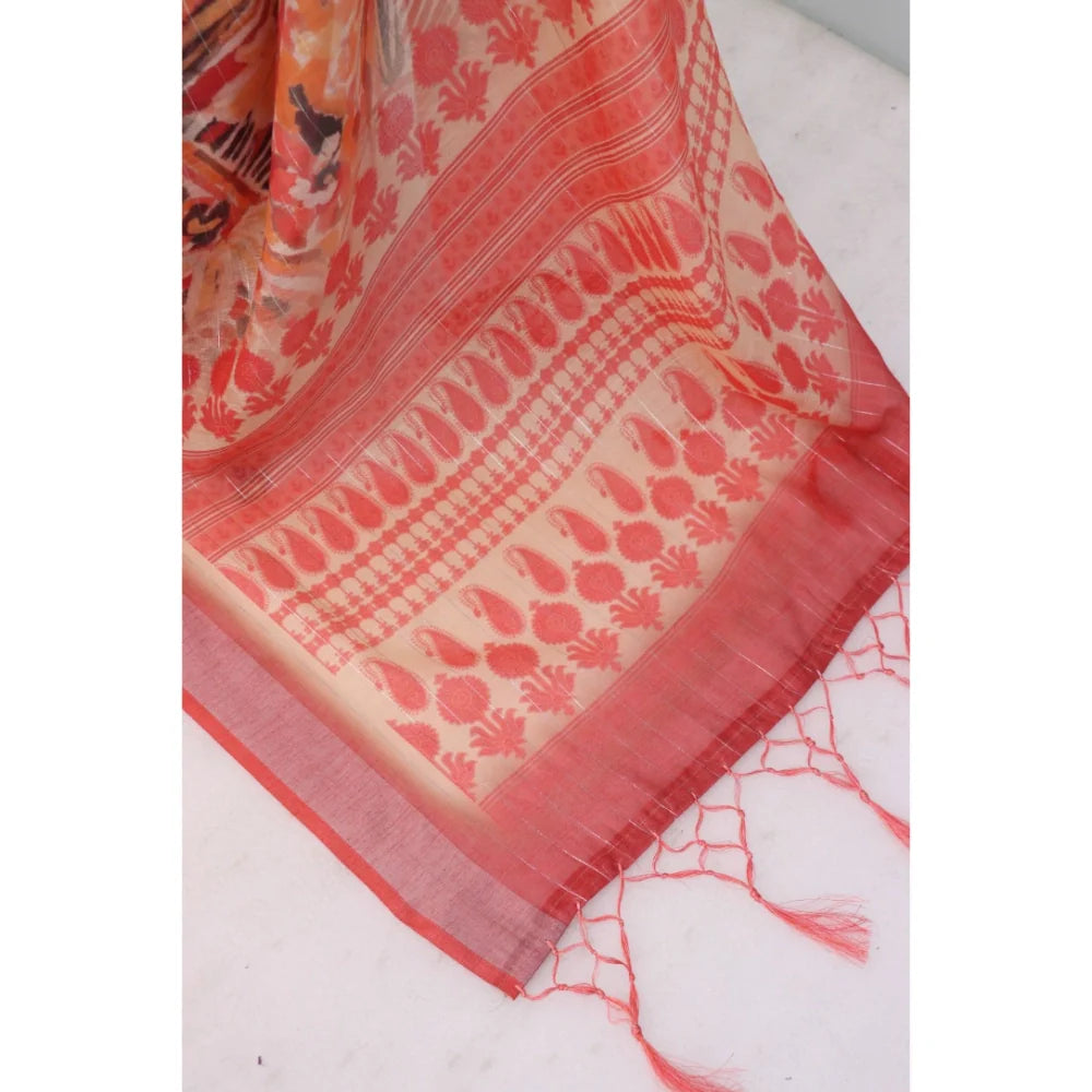 Women's Linen Digital Print Saree With Unstitched Blouse 5.5Mtr (Pink)