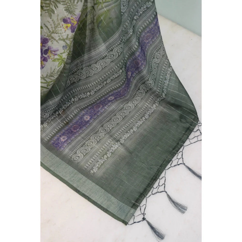 Women's Linen Digital Print Saree With Unstitched Blouse 5.5Mtr (Green)