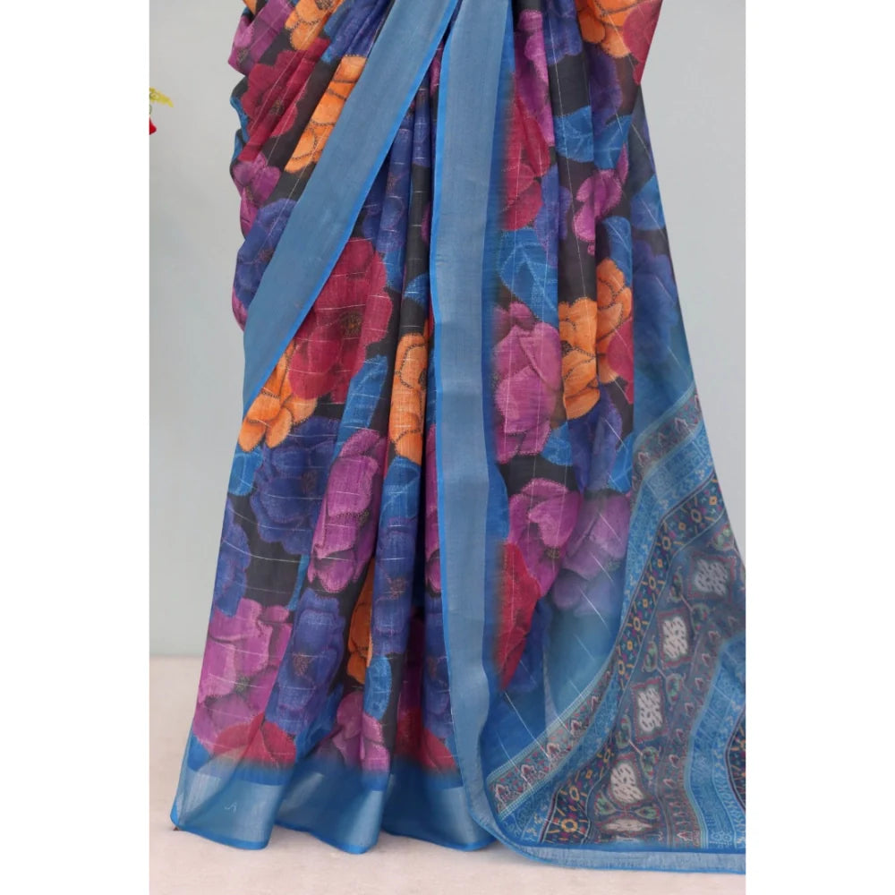 Women's Linen Digital Print Saree With Unstitched Blouse 5.5Mtr (Blue)