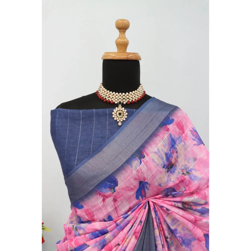 Women's Linen Digital Print Saree With Unstitched Blouse 5.5Mtr (Multicolor)