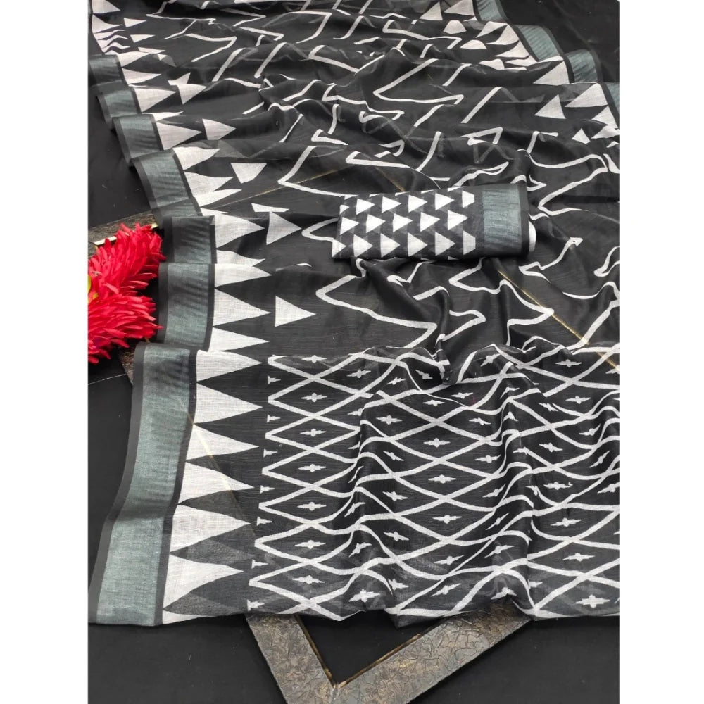 Women's Cotton Linen Woven Design Saree With Unstitched Blouse 5.5Mtr (Black)
