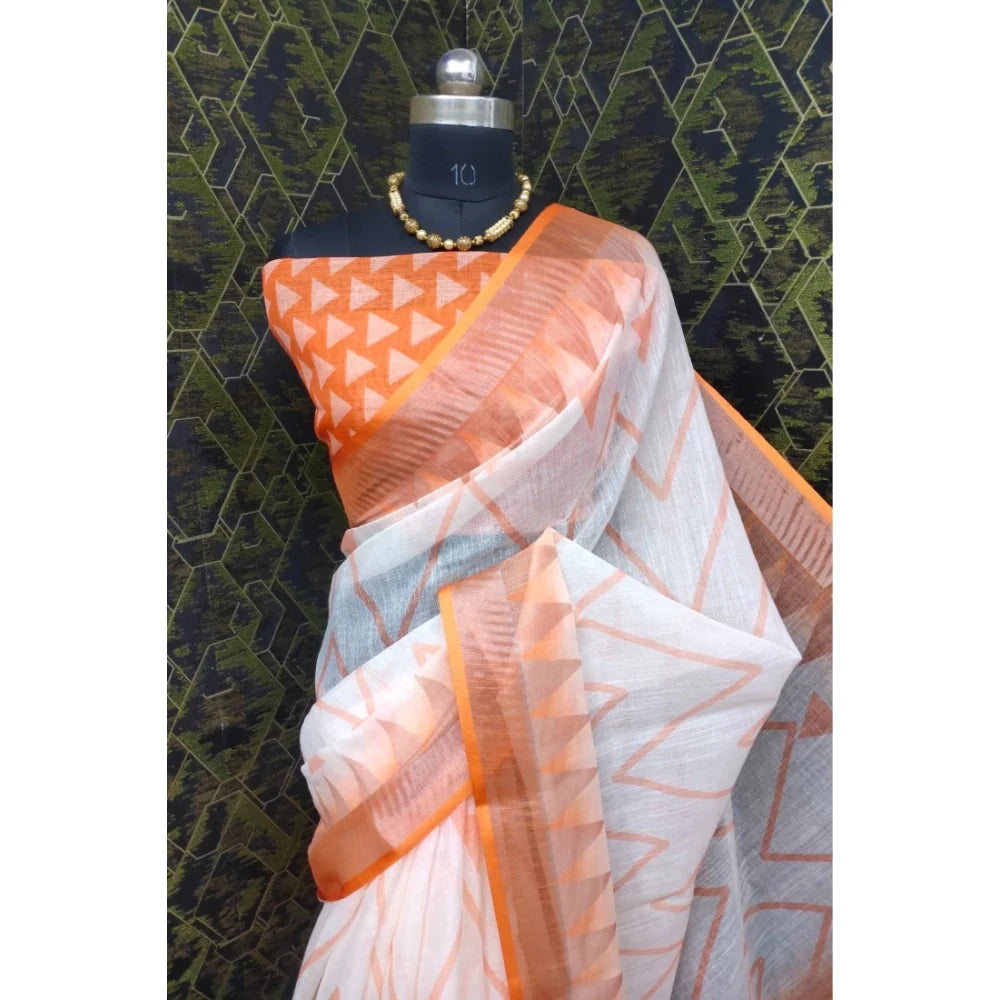 Women's Cotton Linen Woven Design Saree With Unstitched Blouse 5.5Mtr (Orange)