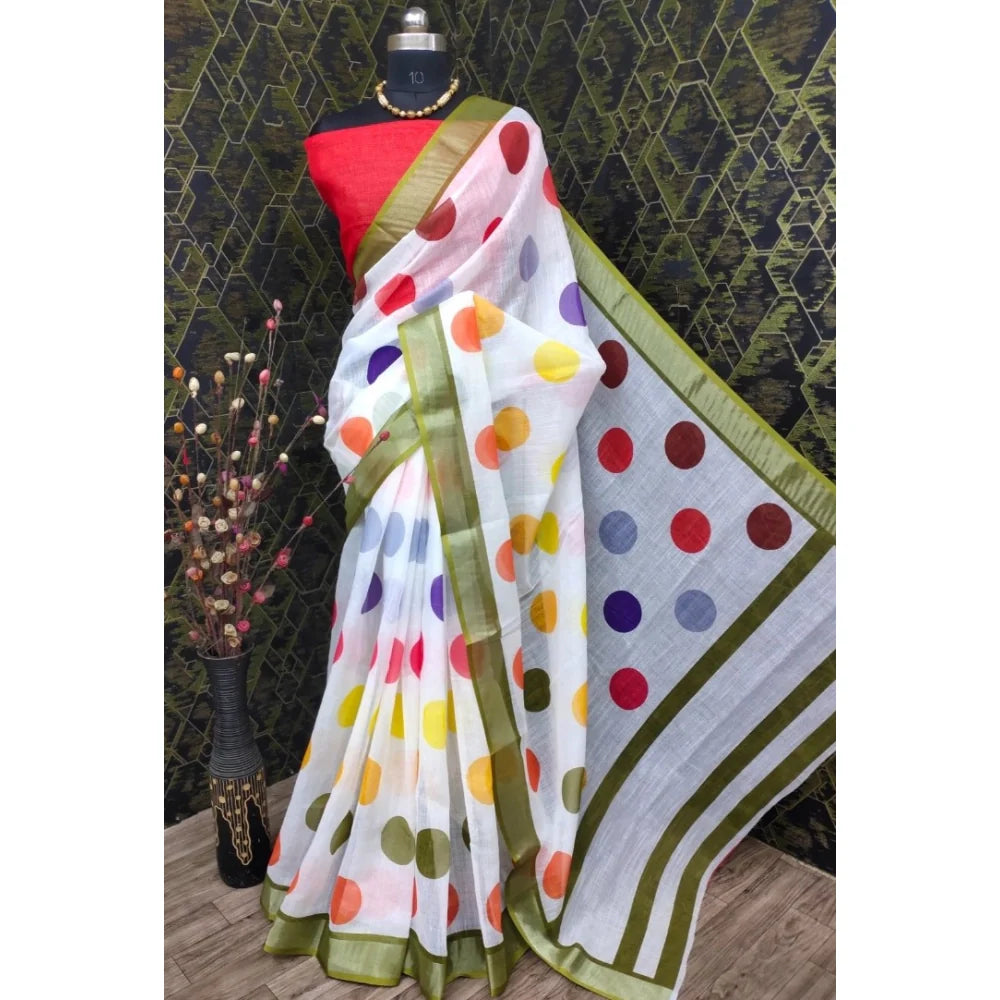 Women's Cotton Linen Printed Saree With Unstitched Blouse 5.5Mtr (Multicolor)
