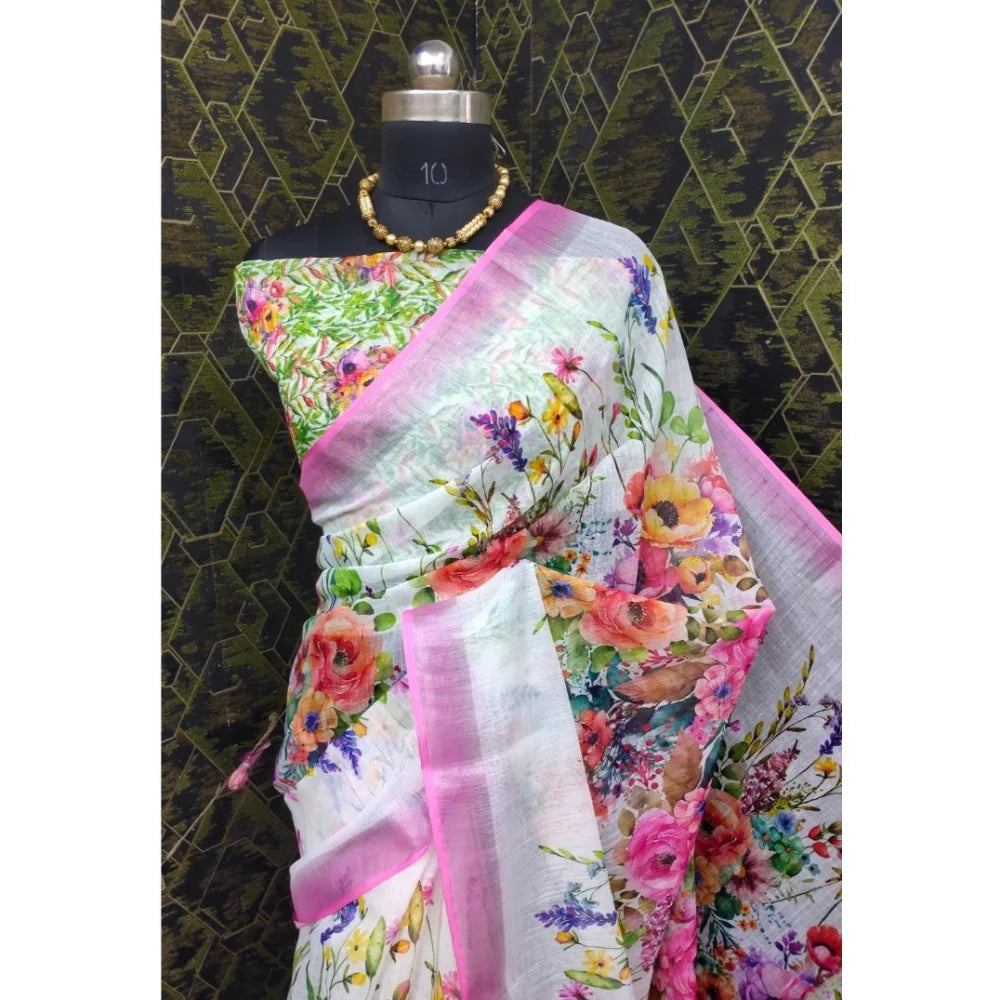 Women's Cotton Linen Printed Saree With Unstitched Blouse 5.5Mtr (Pink)