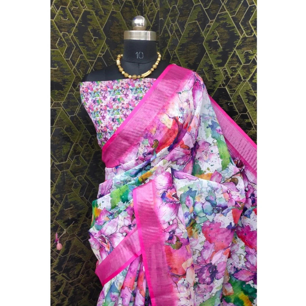 Women's Cotton Linen Printed Saree With Unstitched Blouse 5.5Mtr (Pink)
