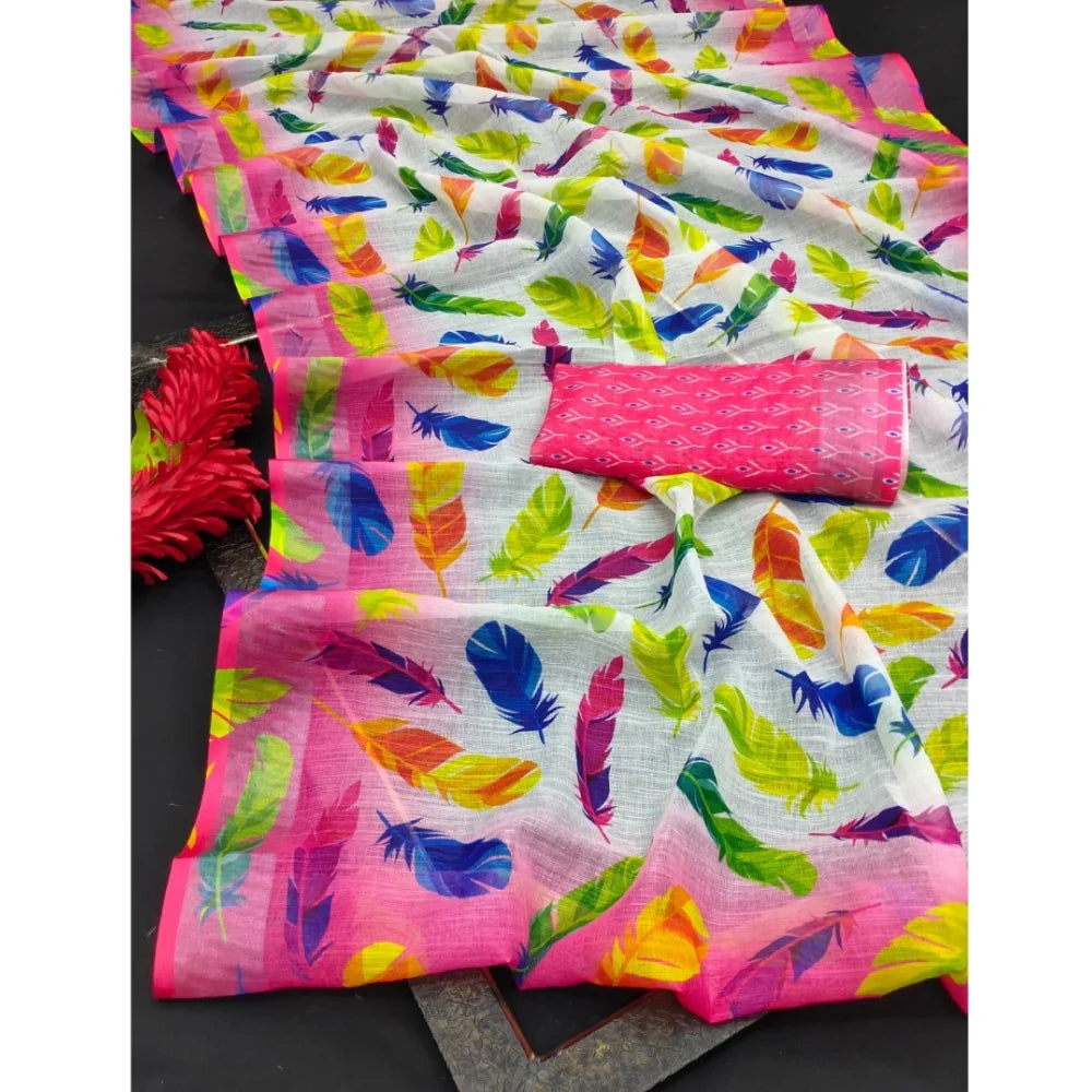 Women's Cotton Linen Woven Design Saree With Unstitched Blouse 5.5Mtr (Pink)