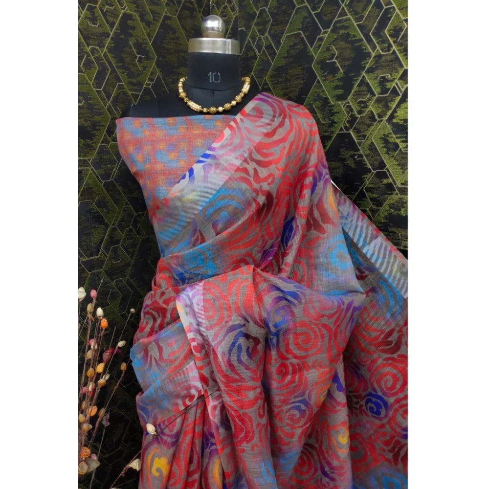 Women's Cotton Linen Woven Design Saree With Unstitched Blouse 5.5Mtr (Red)