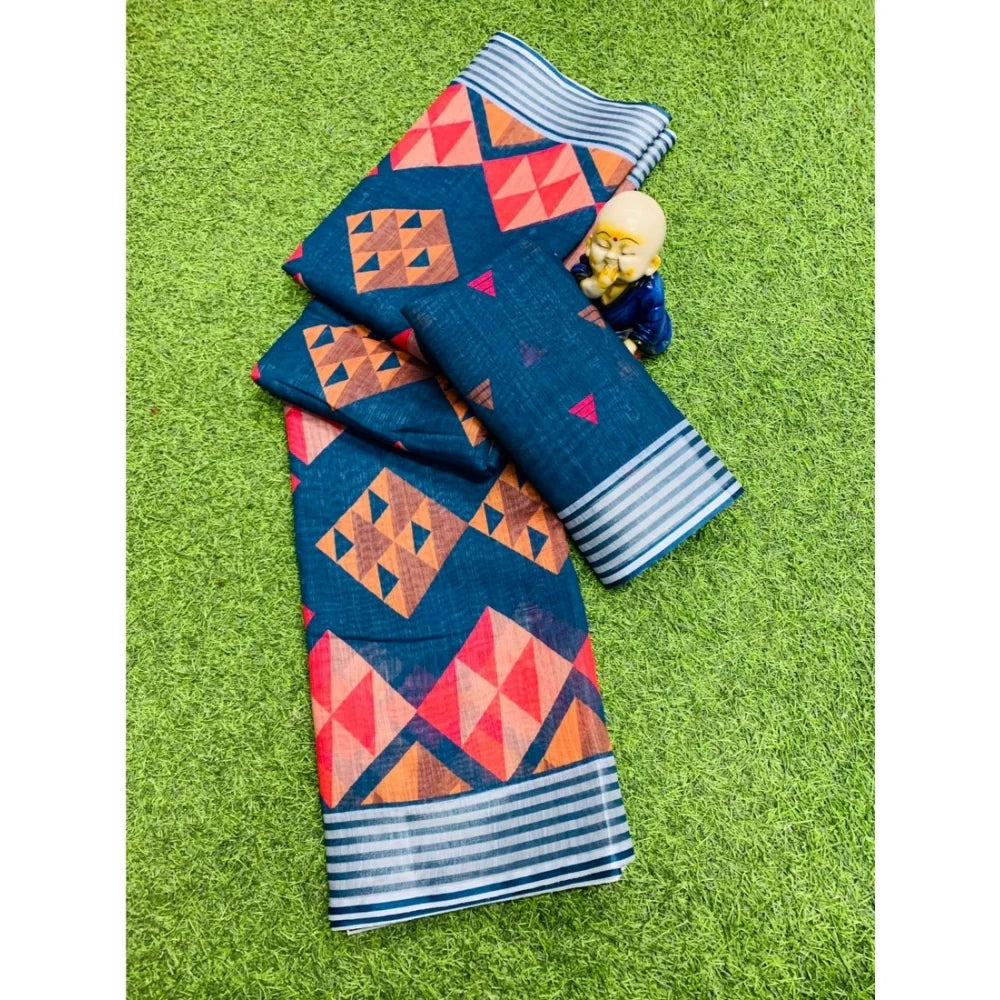 Women's Cotton Linen Digital Print Saree With Unstitched Blouse 5.5Mtr (Blue)