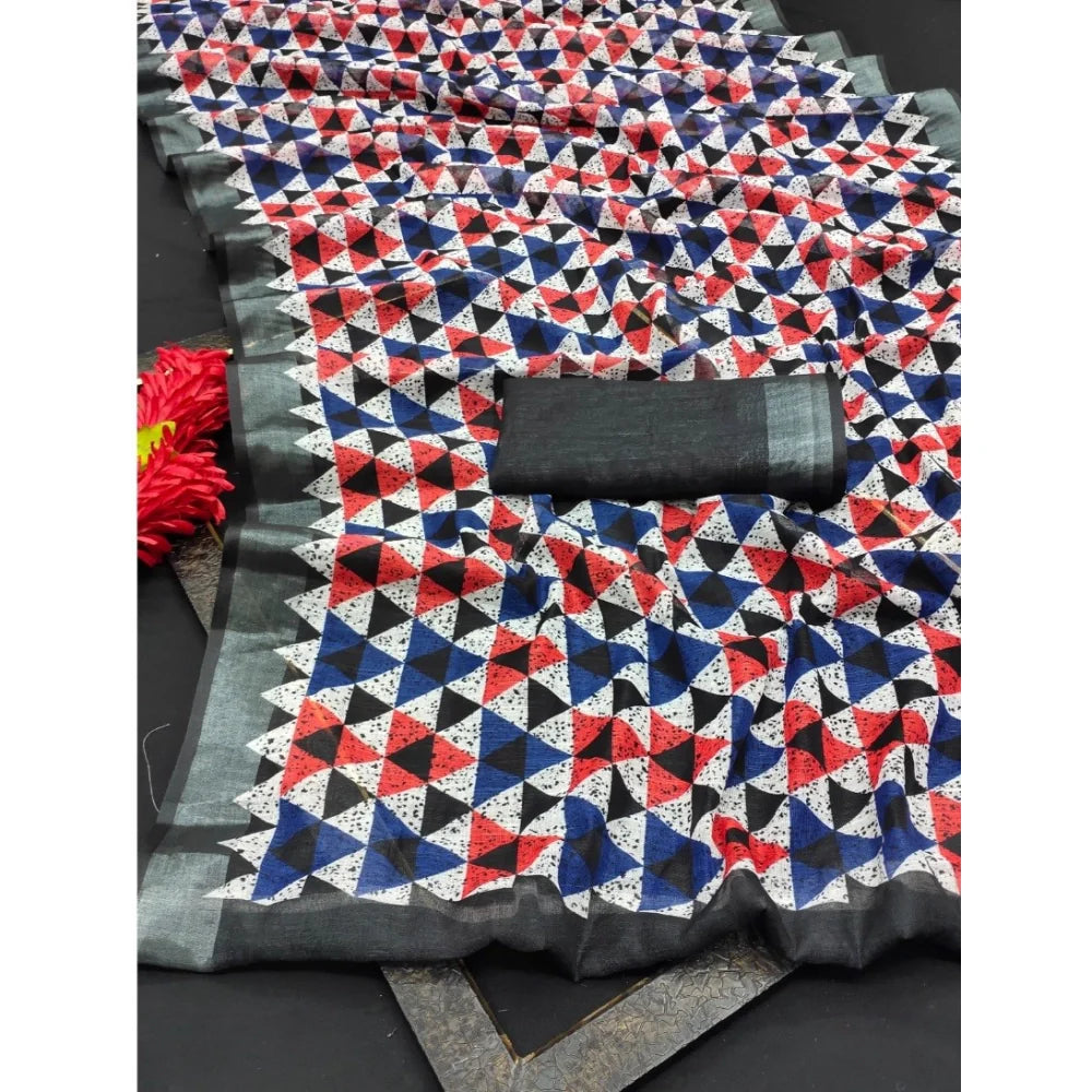 Women's Cotton Linen Printed Saree With Unstitched Blouse 5.5Mtr (Black)