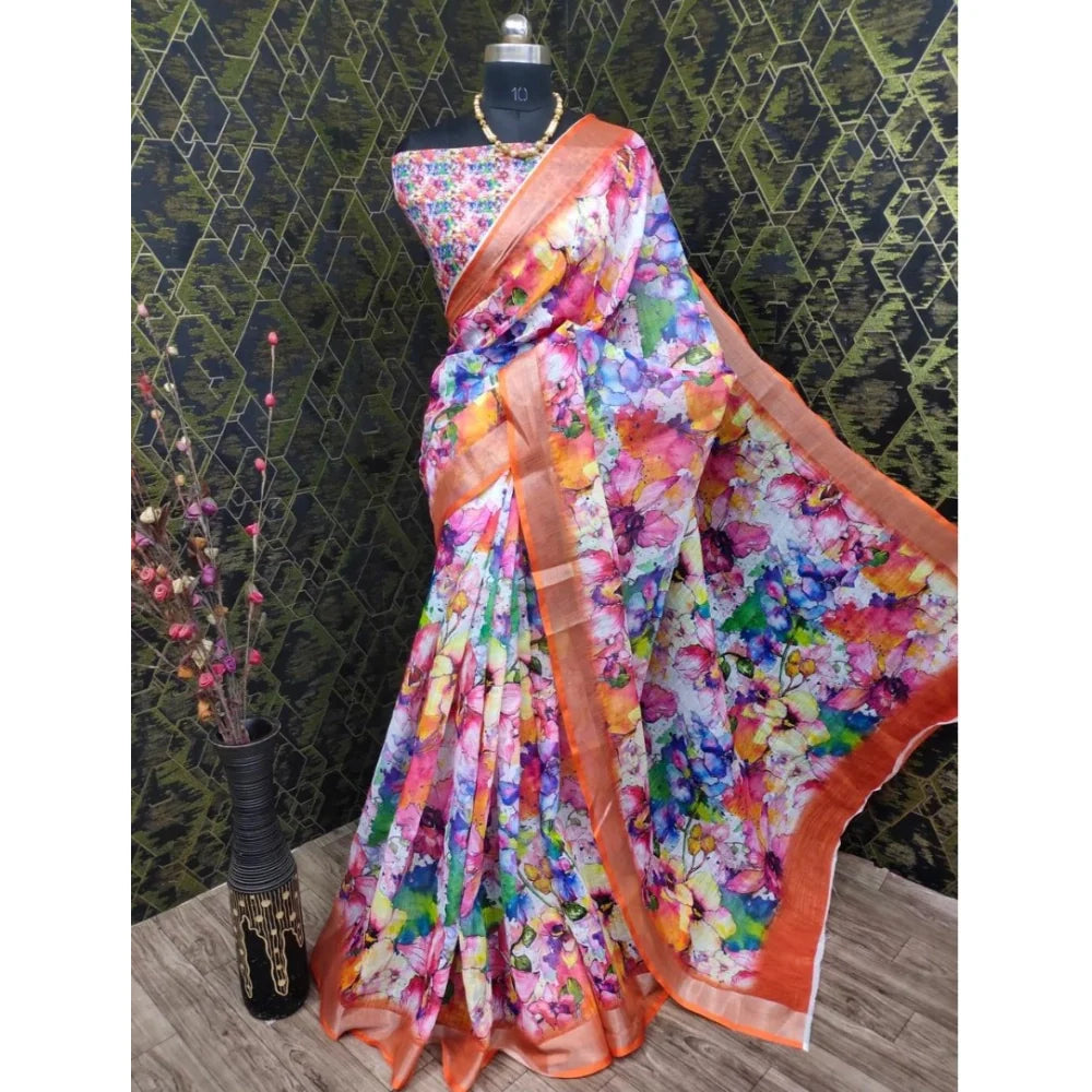 Women's Cotton Linen Printed Saree With Unstitched Blouse 5.5Mtr (Orange)