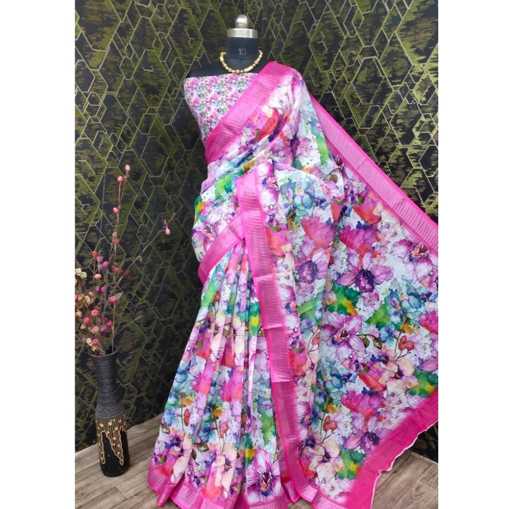 Women's Cotton Linen Printed Saree With Unstitched Blouse 5.5Mtr (Pink)