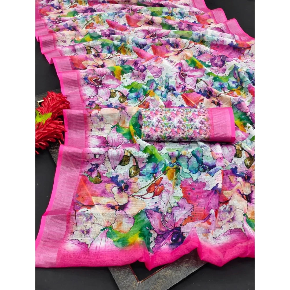 Women's Cotton Linen Printed Saree With Unstitched Blouse 5.5Mtr (Pink)